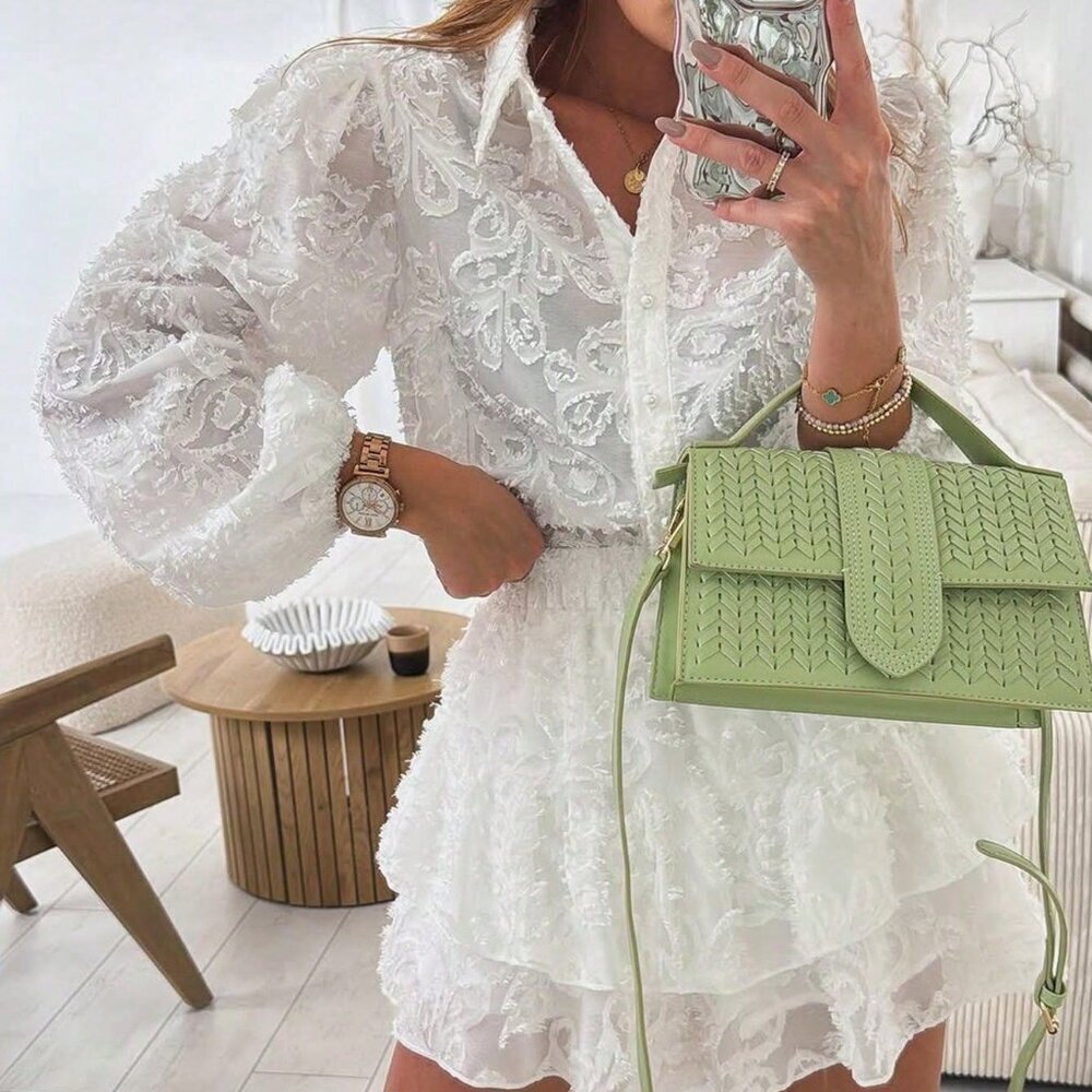 White Casual Elegant Women's Cutout Lantern Sleeve Shirt and Pants Set